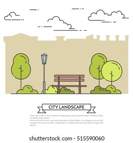 City skyline in line art style - landscape with bench and street lamp in central park against houses. Isolated vector illustration of beautiful cityscape for real estate and property banner or card.