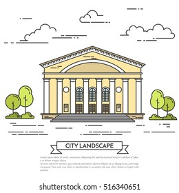 City skyline in line art style - landscape with theater, cinema or government house. Isolated vector illustration of beautiful cityscape for real estate and property banner or card.