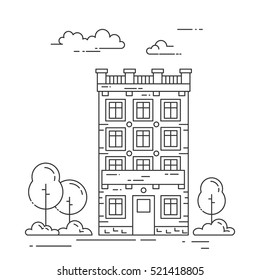 City skyline in line art style - landscape with house, trees and clouds. Isolated vector illustration of beautiful cityscape for real estate and property banner or card.