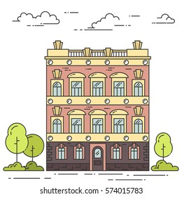 City skyline in line art style - landscape with houses, trees and clouds. Isolated vector illustration of beautiful cityscape for real estate and property banner or card.