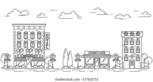 City skyline in line art style - landscape with houses, trees and clouds. Isolated vector illustration of beautiful cityscape for real estate and property banner or card.