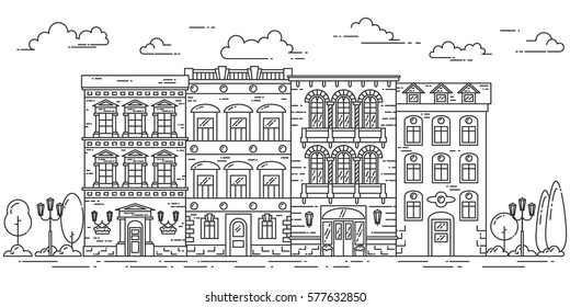 City skyline in line art style - landscape with houses, trees and clouds. Isolated vector illustration of beautiful cityscape for real estate and property banner or card.