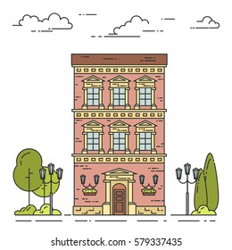 City skyline in line art style - landscape with house, trees and clouds. Isolated vector illustration of beautiful cityscape for real estate and property banner or card.