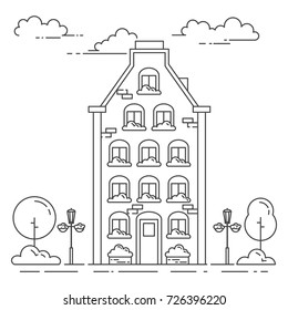 City skyline in line art style - landscape with house, trees and clouds. Isolated vector illustration of beautiful cityscape for real estate and property banner or card.