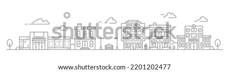 City skyline in line art style. Landscape with row houses of bank, office center, super market, hotel and hospital. Street horizontal panorama. Vector illustration