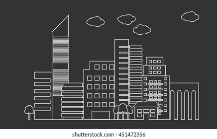 City skyline linear design. Cityscape line art vector. Outline skyscrapers.
