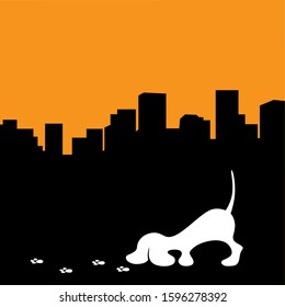 city skyline and little dog sniffing paw trails, vector