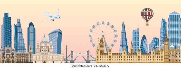 City skyline of London, England. Vector illustration. London cityscape with landmarks.