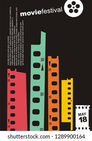 City skyline made from film strip design elements. Movie cinema retro poster design layout. Symbolic minimalist flyer  for film festival. Artistic vector illustration.