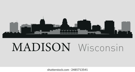 Die Skyline der Stadt. Madison, Wisconsin. Silhouetten von Gebäuden. Vektorgrafik auf grauem Hintergrund