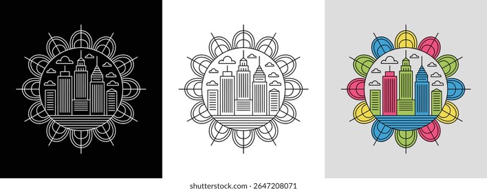City skyline mandala with buildings, stars, and bright night sky accents for urban decor.