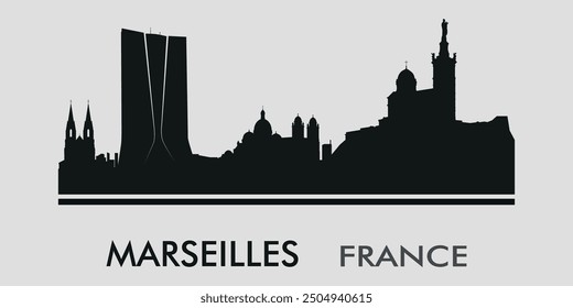 The city skyline. Marseilles. France. Silhouettes of buildings. Vector on a gray background