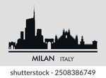 The city skyline. Milan, Italy. Silhouettes of buildings. Vector on a gray background