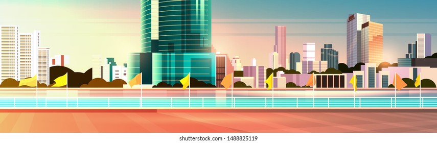 city skyline modern skyscrapers fence and river against cityscape sunset background flat horizontal banner