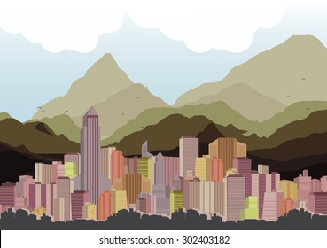 City Skyline with Mountains Background - Vector Illustration