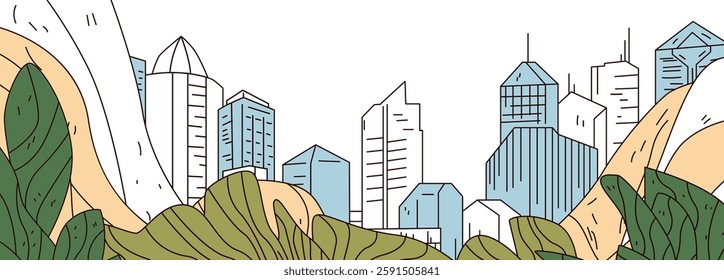 City skyline with nature integration concept. Modern buildings surrounded by abstract green leaves and hills in a harmonious urban landscape design