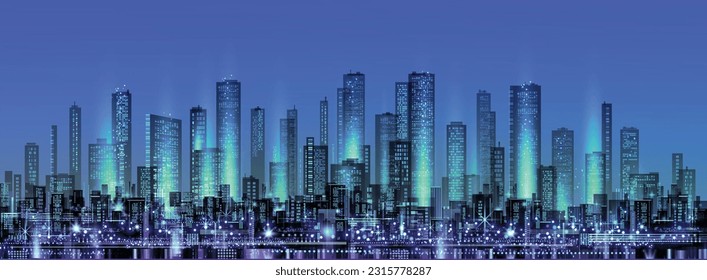 City skyline at night with architecture, skyscrapers, megapolis, buildings, downtown.