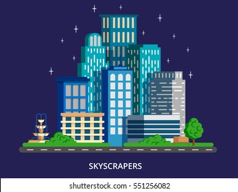 City skyline at night concept in modern flat stile. Skyscrapers with green park. Vector illustration for web banners and info graphic.