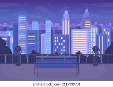 City skyline at night flat color vector illustration. Perfect perspective on city buildings. Stunning rooftop deck. Scenic view 2D simple cartoon cityscape with skyscrapers on background