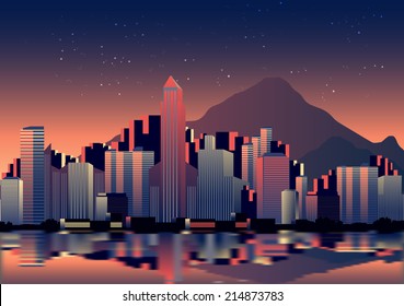 City Skyline at Night with Reflection Background - Vector Illustration
