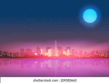  City Skyline at Night with Reflections Background - Vector Illustration