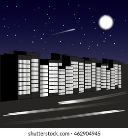 City skyline. night road