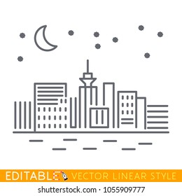 City skyline at night. Starry sky and the moon. Editable stroke sketch icon. Stock vector illustration.