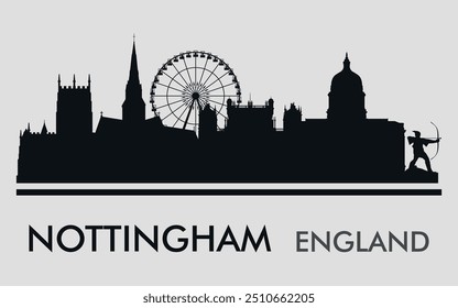 El horizonte de la ciudad. A Nottingham. Inglaterra. Siluetas de edificios. Vector sobre un fondo gris