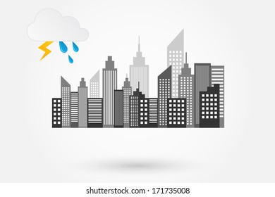 City Skyline On Rainy Day