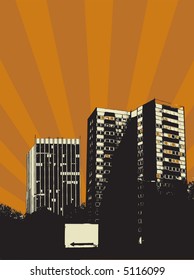 City skyline with orange radiate from behind the buildings