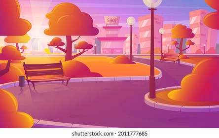 City skyline, orange sunset landscape, vector illustration. Beautiful cityscape evening view. City park, urban buildings.