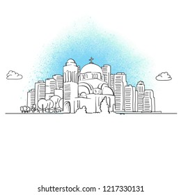 city skyline with orthodox church. Hand drawn vector illustration.