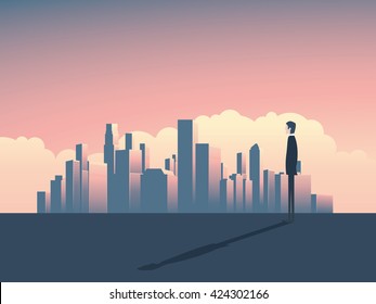 City skyline panorama illustration with businessman watching. City skyline corporate world. Skyline of a city for business background. Cityscape skyline with skyscrapers. City skyline banking symbol.