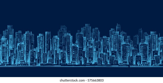 City Skyline Panorama At Night, Hand Drawn Cityscape