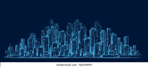 City skyline panorama at night, hand drawn architecture illustration