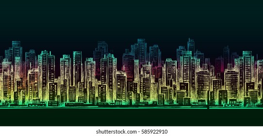 City skyline panorama at night, hand drawn cityscape