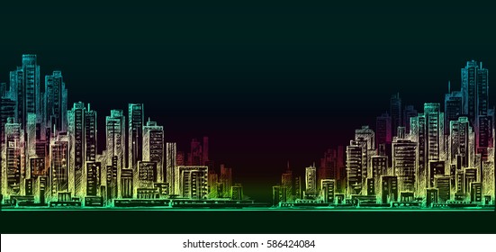 City skyline panorama at night, hand drawn cityscape