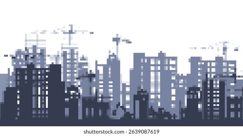City skyline in pixel art with cranes and buildings, showcasing a retro urban mosaic style.