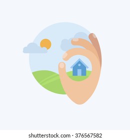 City skyline with pointer hand.Real estate, house for sale, installment sale, credit,rent. Colorful real estate, city icon,logo.