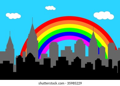 city skyline with rainbow