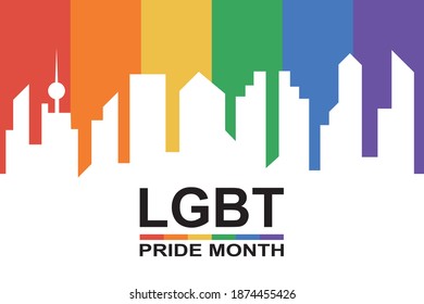 City skyline with rainbow flag color background and text LGBT pride month. Copy space for design or text. Flat vector illustration