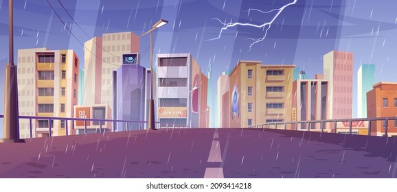 City skyline at rainy weather view from bridge, metropolis cityscape with empty road, skyscraper buildings, urban architecture at thunderstorm. Town or downtown district, Cartoon vector illustration