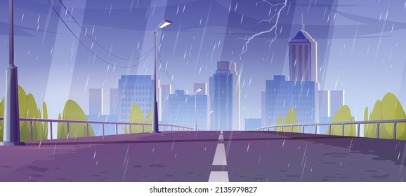 City skyline at rainy weather view from bridge, urban cityscape architecture at thunderstorm. Metropolis with empty road, skyscraper buildings, town or downtown district, Cartoon vector illustration