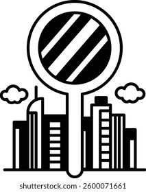 A city skyline is reflected in a magnifying glass