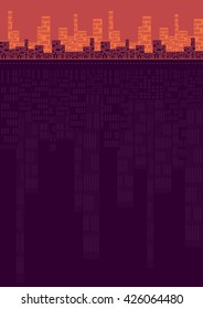 a city skyline reflecting on water, or showing deep roots underwater, in orange and purple shades