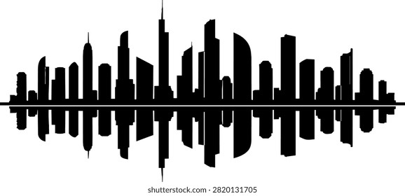 City skyline reflection silhouette vector illustration showing urban buildings skyscrapers and architecture with water surface mirror effect design.