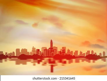 City Skyline with Reflections Background - Vector Illustration