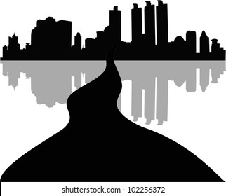city skyline with a road