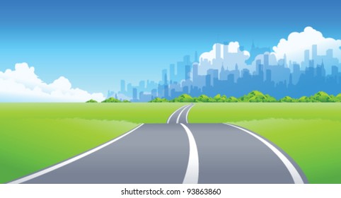 City Skyline and Road passing through a landscape