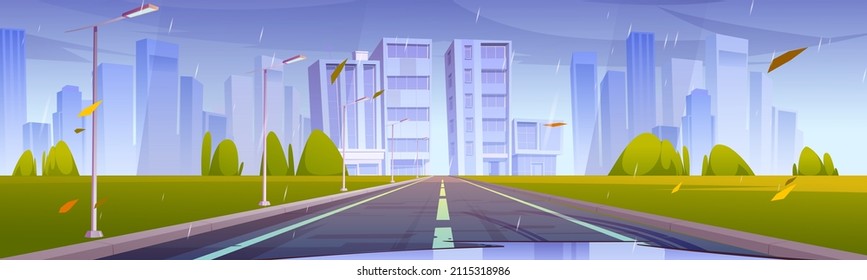 City skyline with road at rain front view, metropolis cityscape with empty highway, skyscraper buildings, urban architecture at autumn weather. Town or downtown district, Cartoon vector illustration